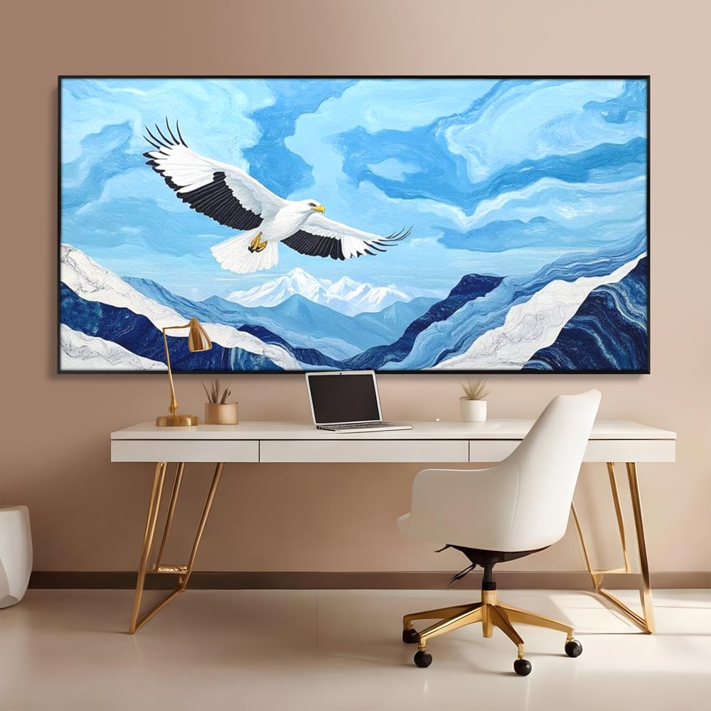 Tablou canvas cu tablou canvas cu vultur in zbor peste munti, in rama de aluminiu negru, pe perete intr-un birou